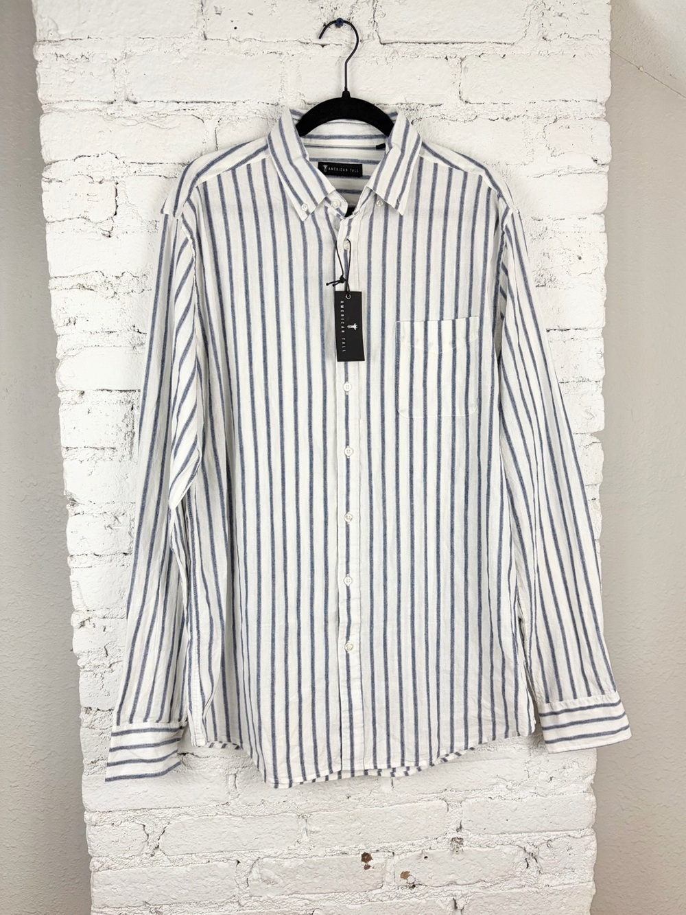 American Tall Linen Cotton Relaxed Striped Collared Button Down Cream Blue LT